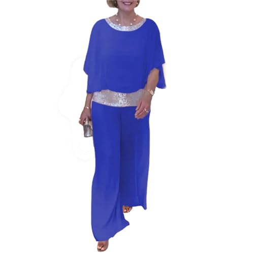 Hosenanzug Damen Elegant 2 Teiler Sommer Konfirmation Outfit Mutter mit Pailletten-Farbblock Damen Hosenanzug Paillettenanzüge Chiffon Shirt Lange Weites Bein Hochzeit Abendparty Anzughose (Blue, S) von Snakell