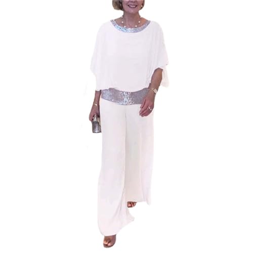 Hosenanzug Damen Elegant 2 Teiler Sommer Konfirmation Outfit Mutter mit Pailletten-Farbblock Damen Hosenanzug Paillettenanzüge Chiffon Shirt Lange Weites Bein Hochzeit Abendparty Anzughose (White, XL) von Snakell