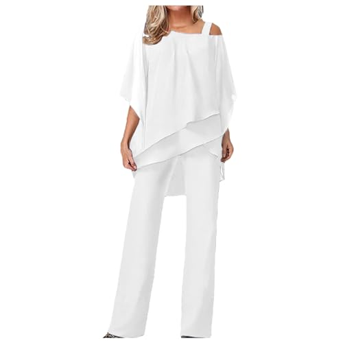 Hosenanzug Damen Tüll Abendanzug Sets Hosenanzug Damen Festlich Elegant Chiffon Shirt Hohe Taille Hosenanzug Elegant Vintage 2-Teiliges Set Outfit Cocktail Party Hosenanzug Damen (White-B, XL) von Snakell