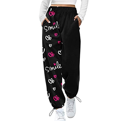 Jogginghose Damen Sporthose Lang Yoga Hosen Hohe Taille Lose Lässige Sweathose Trainingshose Elastischer Bund Bunt Drucken Freizeithose Stoffhose Herbst Winter Laufhosen mit Taschen (9-Black, XXL) von Snakell