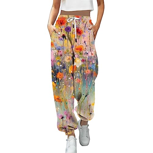 Jogginghose Damen Sporthose Lang Yoga Hosen Hohe Taille Lose Lässige Sweathose Trainingshose Elastischer Bund Bunt Drucken Freizeithose Stoffhose Herbst Winter Laufhosen mit Taschen Slim (2-Red, L) von Snakell
