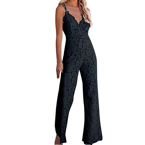 Jumpsuit Damen Perlen Sling Wide Leg Strampler Spaghettiträger V-Ausschnitt Top Playsuit Rompers Sexy Soild Ärmellos Overalls Lang Playsuit Breite Beine Hose Cocktail Party Home (4-Dark Blue, M) von Snakell