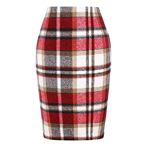 Kariert Röcke Damen Kurze Midirock Winterrock Büro Rock Figurbetont Knielang Rock Mit Plaid A Linie Regenschirmrock Gestrickt Schmal Hoher Taille Rock Arbeitsrock mit Wolle Elegant Retro (2-Red, XXL) von Snakell