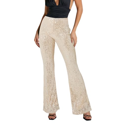 Karneval Glitzer Hose Damen Schlaghose Shining Pailettenhose Schlaghose Festliche Pailletten Hose Damen Glitzerhose Stretch Weites Bein Lang Hohe Taille Freizeithose Hip Hop Club Party (Beige-B, M) von Snakell