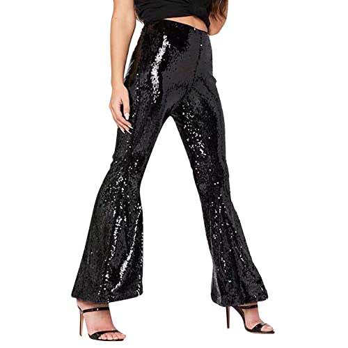 Karneval Glitzer Hose Damen Schlaghose Shining Pailettenhose Schlaghose Festliche Pailletten Hose Damen Glitzerhose Stretch Weites Bein Lang Hohe Taille Freizeithose Hip Hop Club Party (Black-A, S) von Snakell