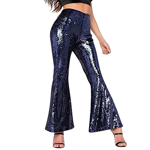 Karneval Glitzer Hose Damen Schlaghose Shining Pailettenhose Schlaghose Festliche Pailletten Hose Damen Glitzerhose Stretch Weites Bein Lang Hohe Taille Freizeithose Hip Hop Club Party (Blue-A, M) von Snakell