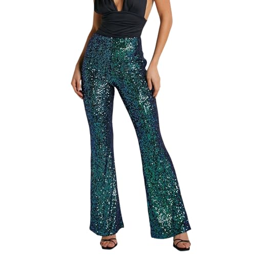 Karneval Glitzer Hose Damen Schlaghose Shining Pailettenhose Schlaghose Festliche Pailletten Hose Damen Glitzerhose Stretch Weites Bein Lang Hohe Taille Freizeithose Hip Hop Club Party (Green-B, L) von Snakell