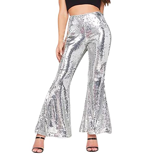 Karneval Glitzer Hose Damen Schlaghose Shining Pailettenhose Schlaghose Festliche Pailletten Hose Damen Glitzerhose Stretch Weites Bein Lang Hohe Taille Freizeithose Hip Hop Club Party (Silver-A, L) von Snakell