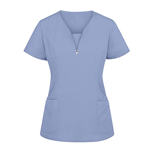 Kasack Altenpflege Damen Pflege Schlupfkasack V-Ausschnitt Einfarbig Arbeitskleidung Krankenpfleger Schlupfhemd Berufsbekleidung Schönheitssalon Mit Taschen Kurzarm Casual Tshirt Tops (Blue-a, M) von Snakell