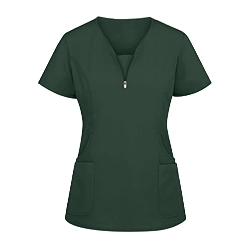 Kasack Altenpflege Damen Pflege Schlupfkasack V-Ausschnitt Einfarbig Arbeitskleidung Krankenpfleger Schlupfhemd Berufsbekleidung Schönheitssalon Mit Taschen Kurzarm Casual Tshirt Tops (Green-b, M) von Snakell