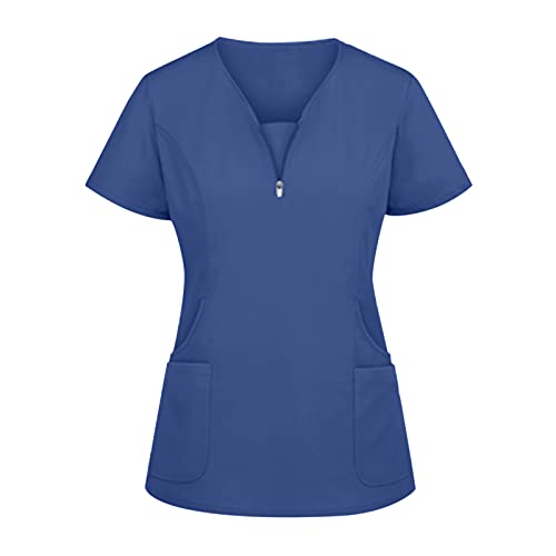 Kasack Altenpflege Damen Pflege Schlupfkasack V-Ausschnitt Einfarbig Arbeitskleidung Krankenpfleger Schlupfhemd Berufsbekleidung Schönheitssalon Mit Taschen Kurzarm Casual Tshirt Tops (Navy-a, M) von Snakell