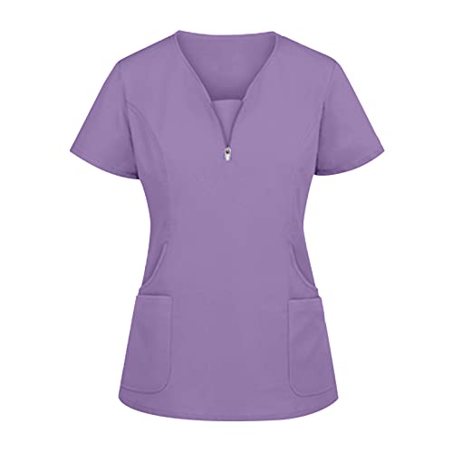 Kasack Altenpflege Damen Pflege Schlupfkasack V-Ausschnitt Einfarbig Arbeitskleidung Krankenpfleger Schlupfhemd Berufsbekleidung Schönheitssalon Mit Taschen Kurzarm Casual Tshirt Tops (Purple-a, S) von Snakell