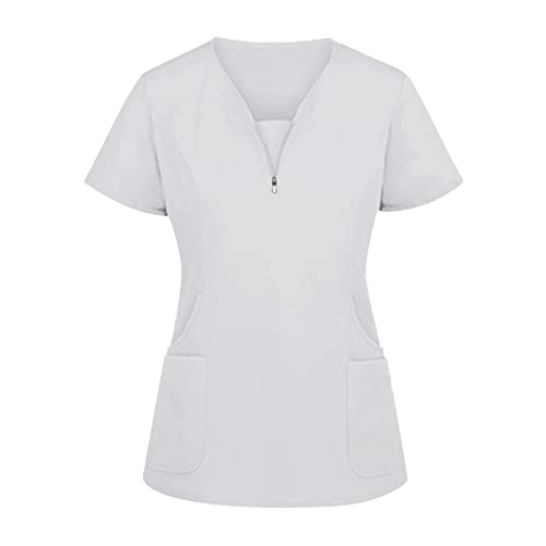 Kasack Altenpflege Damen Pflege Schlupfkasack V-Ausschnitt Einfarbig Arbeitskleidung Krankenpfleger Schlupfhemd Berufsbekleidung Schönheitssalon Mit Taschen Kurzarm Casual Tshirt Tops (White-b, M) von Snakell