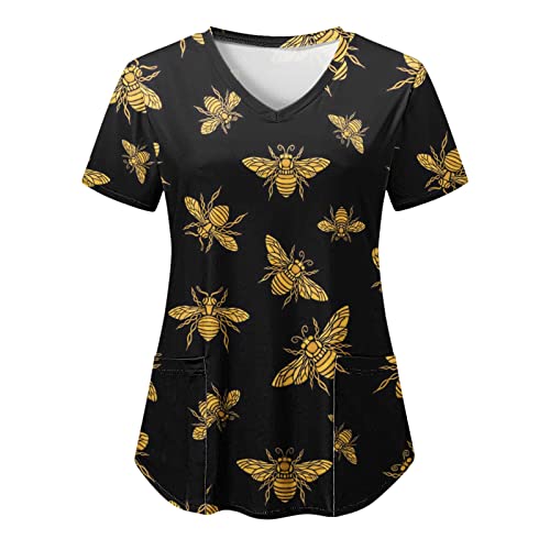 Kasack Damen Pflege Bunte Kasacks Günstig Sommer Biene Gedruckt Schlupfkasack Arbeitskleidung Uniformen Kurzarm V-Ausschnitt Laborkittel Mit Taschen Krankenpfleger Berufsbekleidung (Black-I, XL) von Snakell