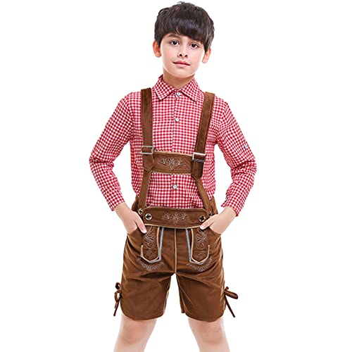 Kinder Lederhose Trachtenset Leo Kurz Trachtenlederhose mit Hemd Jungen mit Träger und Stickerei Lederhose Baby Trachtenhemd (Brown-A, 5-6 Years) von Snakell