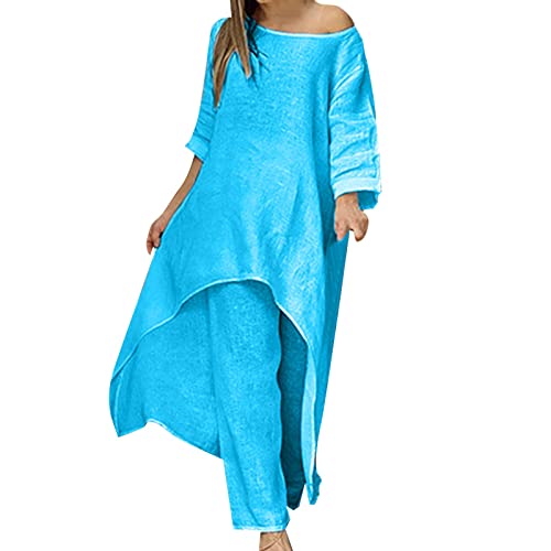 Leinenanzug Damen Zweiteiler Elegant Freizeitanzug Sommer Leinen Outfit Hose und Langarm Top 2 Teiler Anzug Set Freizeitanzug Rundhal Einfarbig Hosenanzug Sportanzüge Loungewear Urlaub (Blue, XXXL) von Snakell