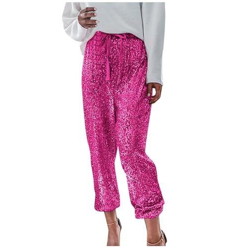 Pailletten Hose Damen Glänzende Metallic-Hose Glitzer Hose Damen Shining Hohe Taille Hose Pailettenhose Glitzerhose Karneval Kostüm Party Disco Tanz Bühne Cosplay Nachtclub Festival (7-Hot Pink, L) von Snakell