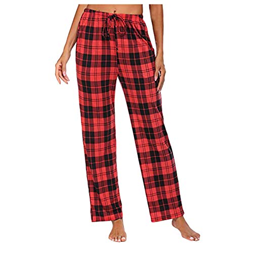 Schlafanzughose Damen Kariert Pyjamahosen Lang Flanell Baumwolle Pyjama-Hose Comfy Stretch Soft Nachtwäsche mit Elastischer Taille Hausehose Nachtwäsche Hose Mit Taschen Und Kordelzug (Wine-1, S) von Snakell