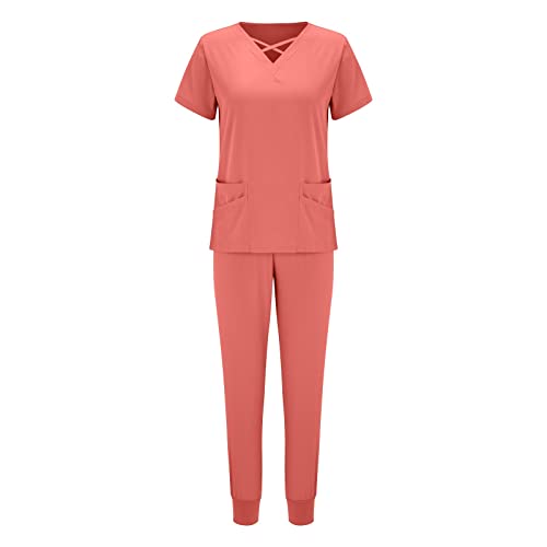 Schrubb-Set Kasacks Damen Pflege Schlupfkasack Schlupfhose Set Set Einfarbig V-Ausschnitt Kurzarm Oberteil und Hose Berufsbekleidung Krankenpfleger Uniformen mit Taschen (1Watermelon Red-D, M) von Snakell