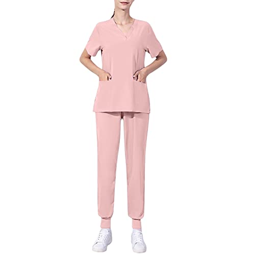 Snakell Schrubb-Set Kasacks Damen Pflege Schlupfkasack Schlupfhose Set Medizinische Uniform Set Einfarbig V-Ausschnitt Kurzarm Oberteil und Hose Berufsbekleidung Krankenpfleger Uniformen mit Taschen von Snakell