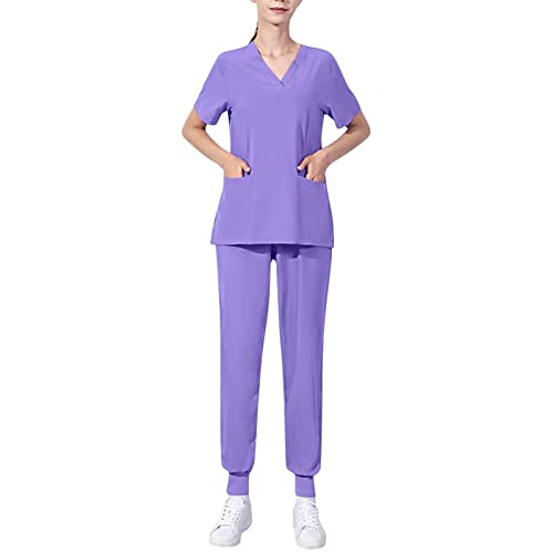 Snakell Schrubb-Set Kasacks Damen Pflege Schlupfkasack Schlupfhose Set Medizinische Uniform Set Einfarbig V-Ausschnitt Kurzarm Oberteil und Hose Berufsbekleidung Krankenpfleger Uniformen mit Taschen von Snakell