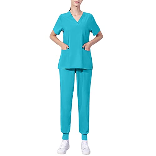 Snakell Schrubb-Set Kasacks Damen Pflege Schlupfkasack Schlupfhose Set Medizinische Uniform Set Einfarbig V-Ausschnitt Kurzarm Oberteil und Hose Berufsbekleidung Krankenpfleger Uniformen mit Taschen von Snakell