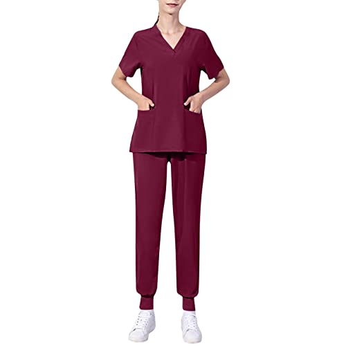 Snakell Schrubb-Set Kasacks Damen Pflege Schlupfkasack Schlupfhose Set Medizinische Uniform Set Einfarbig V-Ausschnitt Kurzarm Oberteil und Hose Berufsbekleidung Krankenpfleger Uniformen mit Taschen von Snakell