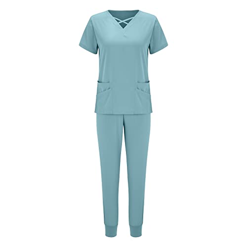 Snakell Schrubb-Set Kasacks Damen Pflege Schlupfkasack Schlupfhose Set Set Einfarbig V-Ausschnitt Kurzarm Oberteil und Hose Berufsbekleidung Krankenpfleger Uniformen mit Taschen (1Light Blue-D, M) von Snakell