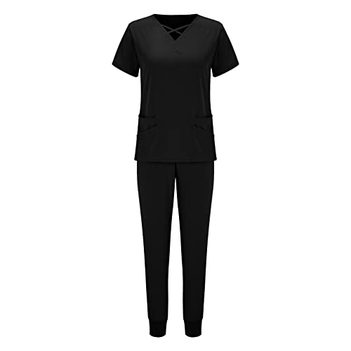 Snakell Schrubb-Set Kasacks Damen Pflege Schlupfkasack Schlupfhose Set Set Einfarbig V-Ausschnitt Kurzarm Oberteil und Hose Berufsbekleidung Krankenpfleger Uniformen mit Taschen (Black-D1, L) von Snakell