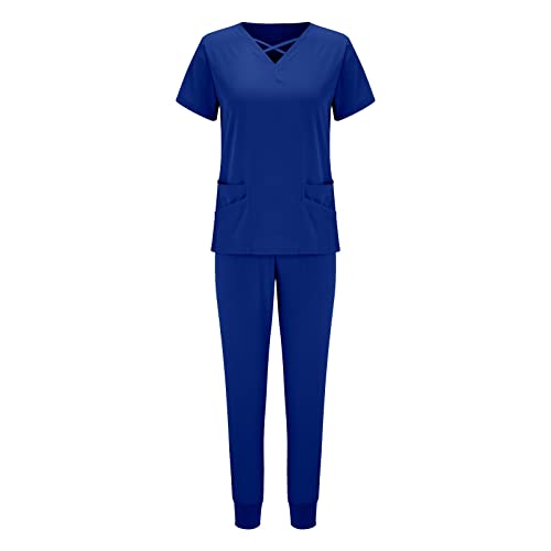 Snakell Schrubb-Set Kasacks Damen Pflege Schlupfkasack Schlupfhose Set Set Einfarbig V-Ausschnitt Kurzarm Oberteil und Hose Berufsbekleidung Krankenpfleger Uniformen mit Taschen (Blue-D1, S) von Snakell