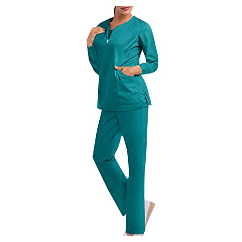 Snakell Schrubb-Set Kasacks Damen Pflege Schlupfkasack Schlupfhose Set Set Einfarbig V-Ausschnitt Kurzarm Oberteil und Hose Berufsbekleidung Krankenpfleger Uniformen mit Taschen (Green-B1, XL) von Snakell