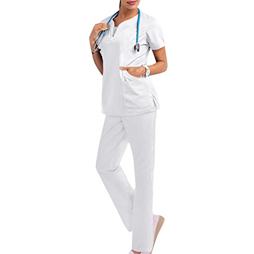 Snakell Schrubb-Set Kasacks Damen Pflege Schlupfkasack Schlupfhose Set Set Einfarbig V-Ausschnitt Kurzarm Oberteil und Hose Berufsbekleidung Krankenpfleger Uniformen mit Taschen (White-C1, L) von Snakell