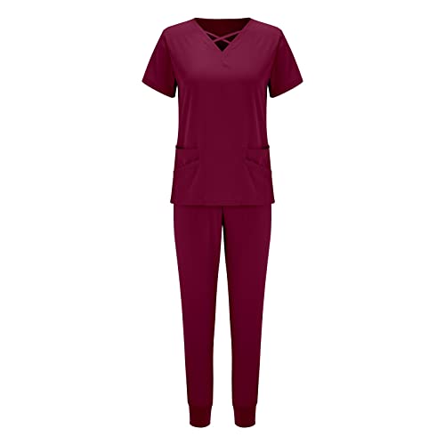 Snakell Schrubb-Set Kasacks Damen Pflege Schlupfkasack Schlupfhose Set Set Einfarbig V-Ausschnitt Kurzarm Oberteil und Hose Berufsbekleidung Krankenpfleger Uniformen mit Taschen (Wine-D1, S) von Snakell
