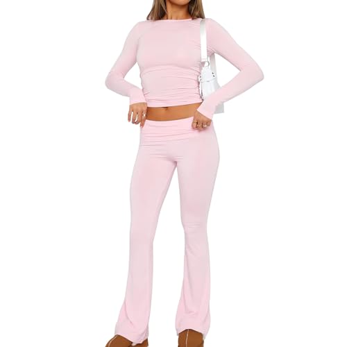 Snakell Zweiteiler Damen Skims Dupe Y2K Sport Oberteile Damen Langarm Crop Top Low Waist Schlaghose 2 Piece Lounge Sets Yoga Schlaghose Lounge Sweatsuits Set Yoga Trainingsanzug Loungewear von Snakell