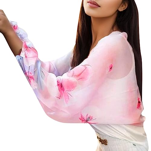 Strickjacke Bolero Damen Festlich Chiffon Bolero Lange Ärmel Elegant Top Strickjacke Langarm Shawl Strandkleid Outdoor Sun Sleeve Arm Abdeckung Dünne Lange Hülse EIS Seide Chiffon (5-Pink, One Size) von Snakell