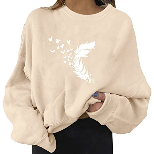 Sweatshirt Damen Ohne Kapuze Lässiges Langarm Sweatshirt mit O-Ausschnitt Frühling Hoodie Pulli Briefe Sonnenblume Grafik Drucken Pullover Teenager Mädchen Sportbekleidung Oberteile (Beige#2, S) von Snakell