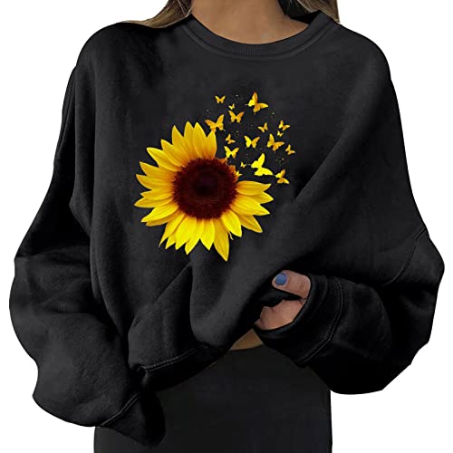 Sweatshirt Damen Ohne Kapuze Lässiges Langarm Sweatshirt mit O-Ausschnitt Frühling Hoodie Pulli Briefe Sonnenblume Grafik Drucken Pullover Teenager Mädchen Sportbekleidung Oberteile (G-Black, XXL) von Snakell