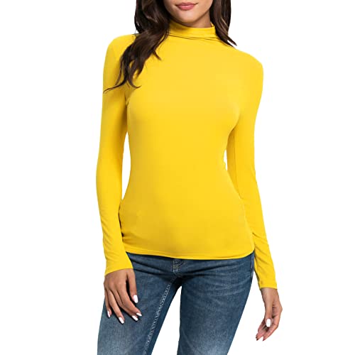 Thermounterwäsche Damen Basic Rollkragenshirt Slim Fit Thermounterwäsche Oberteil mit Plüschfutter Langarmshirt Top Pullover Mock-Ausschnitt Herbst Winter Thermo Unterhemd Shirts (1-Yellow, M) von Snakell