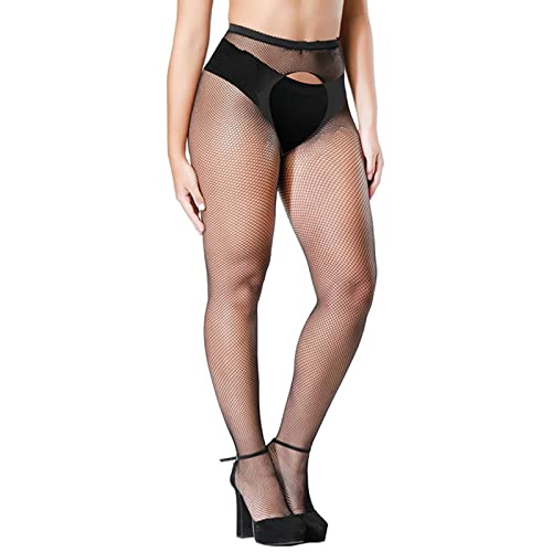 Transparent Netzstrumpfhose Damen mit Hoher Taille Offener Schritt Dessous Fishnet Elastisch Muster Open Crotch Mit Fuß Schenkelhohe Hoher Taille Verführerischer Strapse Netzstrümpfe (3-Black, B) von Snakell