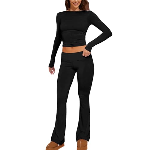 Zweiteiler Damen Skims Dupe Sommer Y2K Lounge Set Langarm Crop Top mit Low Rise Flare Pants Jogger Anzug Slim Fit Trainingsanzug 2-Piece Yoga Outfit Damen Bekleidung Homewear Damen Set Sweatsuits Set von Snakell