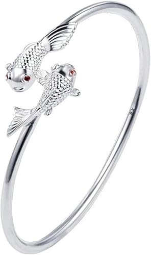 Silberarmbänder, Kettenarmbänder, Silberarmbänder für Frauen, Sterling Silber Armband Mode Solide Doppel Fisch geschnitzt Runde Tube Manschette Armband Verstellbares Offenes Armband von SnamicE