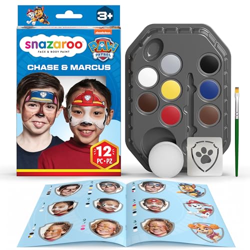 Snazaroo 1172199 Paw Patrol Schminkset Chase & Marshall - 8 Gesichts- und Körperfarben auf Wasserbasis mit Schwamm, Pinsel, Schablone, Anleitung von Snazaroo