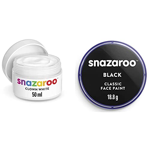 Snazaroo 1198200 Kinderschminke, hautfreundliche hypoallergene Gesichtschminke auf Wasserbasis, wasservermalbar, parabenfrei, clownweiß, 50 ml Topf & 1118111 Kinderschminke, 18ml Topf - Schwarz von Snazaroo