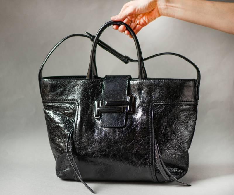 Tod's Double T Echtleder Damenhandtasche Schwarz Glänzend Leder Einkaufstasche, Luxus-Mode-Handtasche Geräumige Schultertasche Geschenk Italien von SnazzyBirds