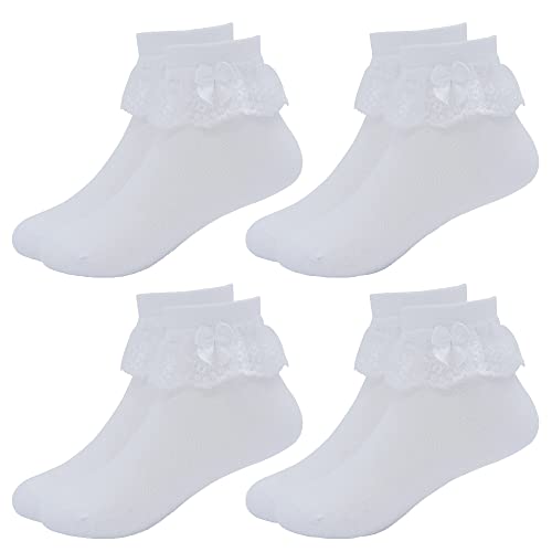 Snegyu 4 Paar Rüschensocken Kinder Söckchen Schulmädchen Weiße Baumwollsocken mit Schleifen Spitze Rüschen Socken Prinzessin Socken für Mädchen 5-7 Jahre von Snegyu