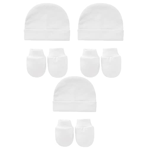 Snegyu Baumwolle Neugeborene Krankenhaus Hut Baby Hut und Anti Scratch Handschuhe Set 0-3 Monate Neugeborene Baby Jungen Mädchen Basic Motorhaube Baby Beanie Kappen und Handschuhe 6 Stück, Weiß 3 Set, von Snegyu