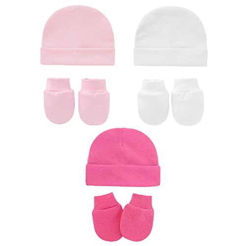 Snegyu Unisex Mütze und Handschuhe kratzfest Neugeborene Baumwolle Baby Essential Mädchen Mütze Hut Mädchen Baby Set 0-3 Monate, Hot Pink/Rosa/Weiß, 0-3 Monate von Snegyu