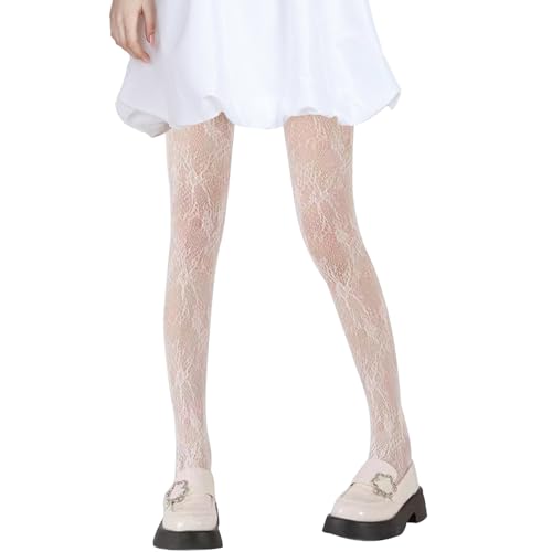Netzstrumpfhose Weiß,Weiße Strumpfhose,Muster Blumen mit Tights Feinstrumpfhose,Blickdicht Lace Netzstrumpfhose,Spitz Ballettstrumpfhose für Lolita,Blumenmuster Flower Funky Spitzenstrumpfhose von Snhauxinfa