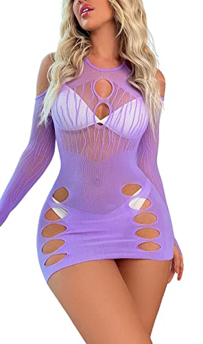Sniff Rose Damen Ausgeschnittenes Netz Bodycon Kleid Fishnet Neckholder Slips Dessous Body Minikleid Clubbekleidung Partykleid Outfits Nachtwäsche Chemise (Lila) von Sniff Rose