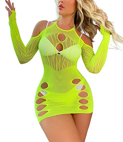 Sniff Rose Damen Ausgeschnittenes Netz Bodycon Kleid Fishnet Neckholder Slips Dessous Body Minikleid Clubbekleidung Partykleid Outfits Nachtwäsche Chemise (Neon Gelb) von Sniff Rose